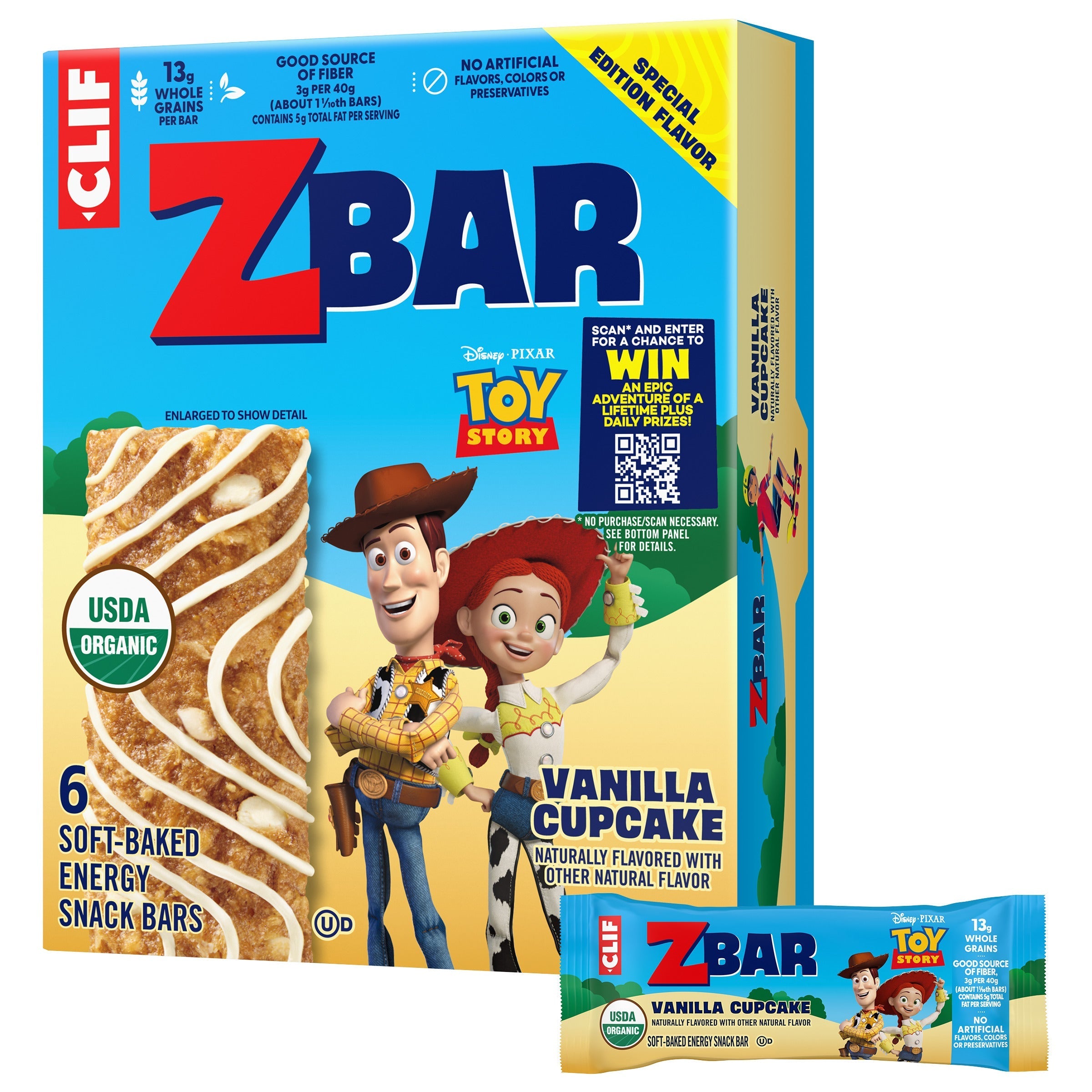 Zbar Toy Story - Vanilla Cupcake - Soft-Baked Energy Snack Bars - Non-GMO - 13g Whole Grains - USDA Organic Granola Bars (6 Pack)