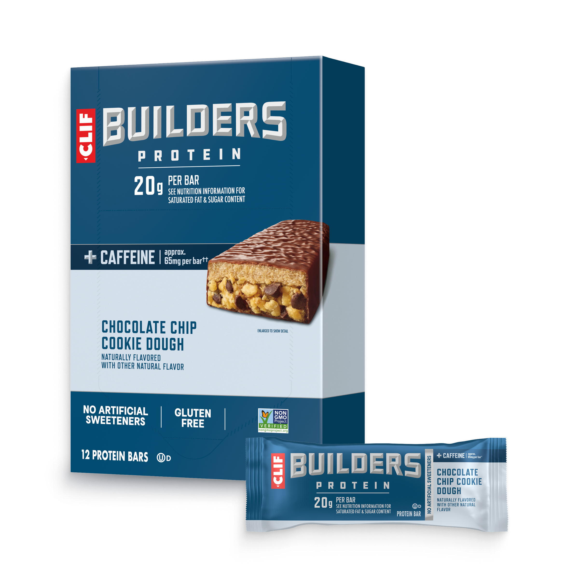 CLIF BUILDERS + Caffeine Chocolate Chip Cookie Dough Flavor Plant Based Protein Bars